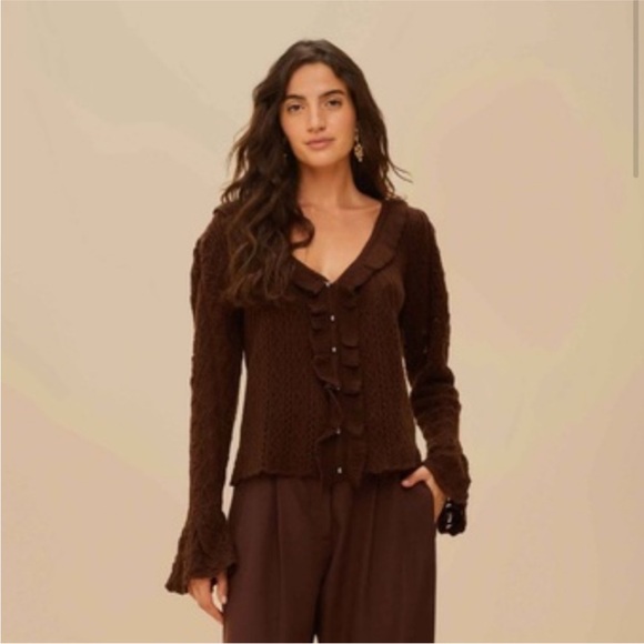 FARM Rio Sweaters - Farm Rio: NWT: Lace Stitch Knit Ruffles Cardigan - Brown DT